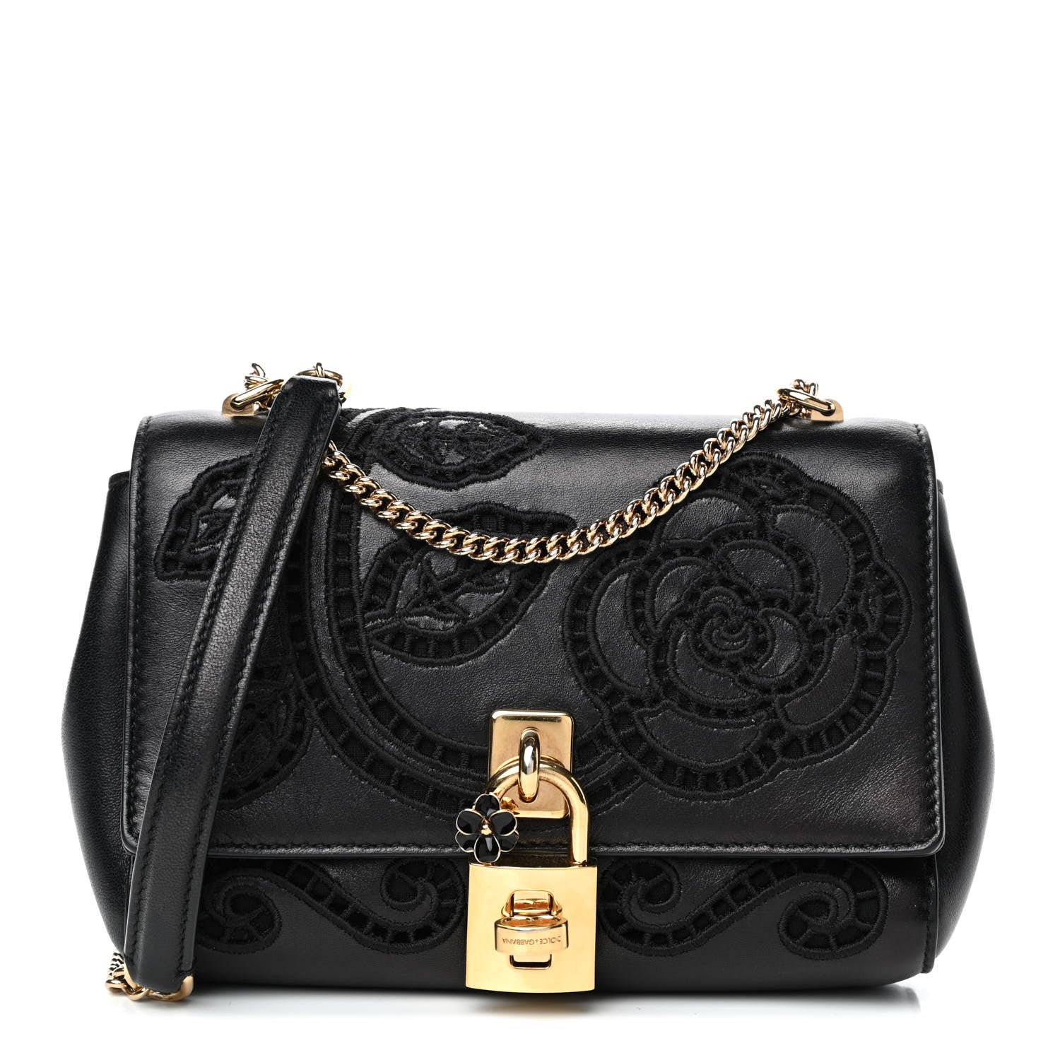 Dolce & Gabbana Calfskin Lace Embroidered Padlock Shoulder Bag Black 1 of 4