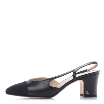 Chanel Goatskin Grosgrain Cap Toe CC Slingback Sandals 39.5 Black 1 of 9