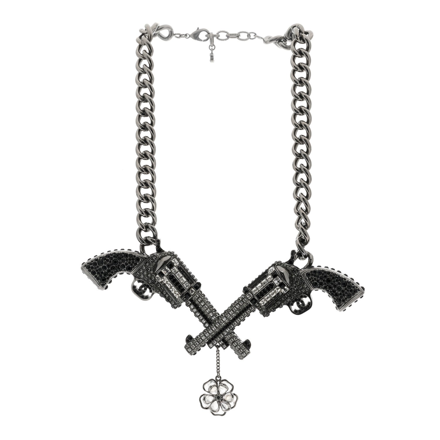 Chanel Baguette Crystal Ruthenium CC Paris Dallas Double Gun Drop Necklace 2 of 4
