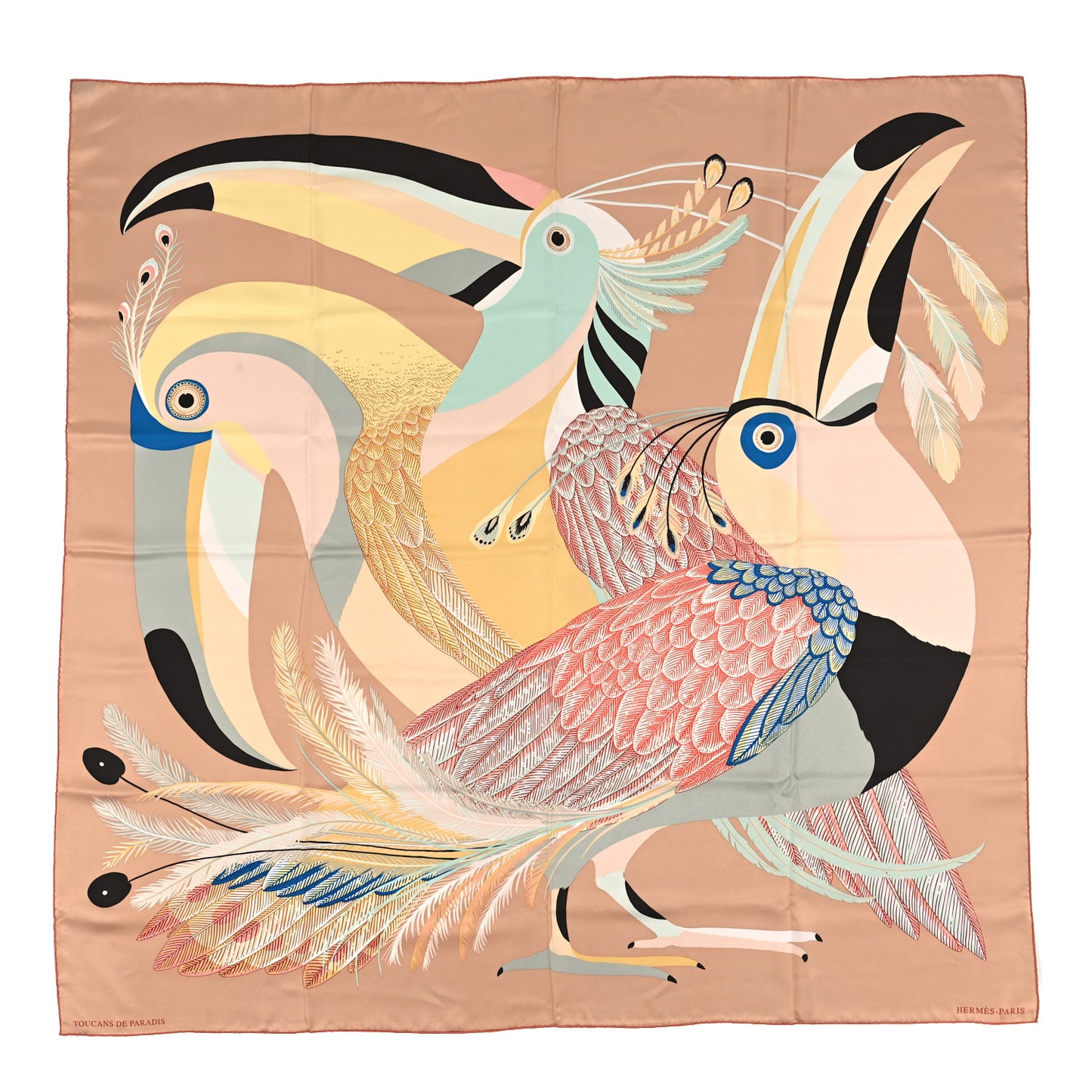Silk Giant Toucans De Paradis Scarf 140 Rose Poudre Ebene Jaune Pale