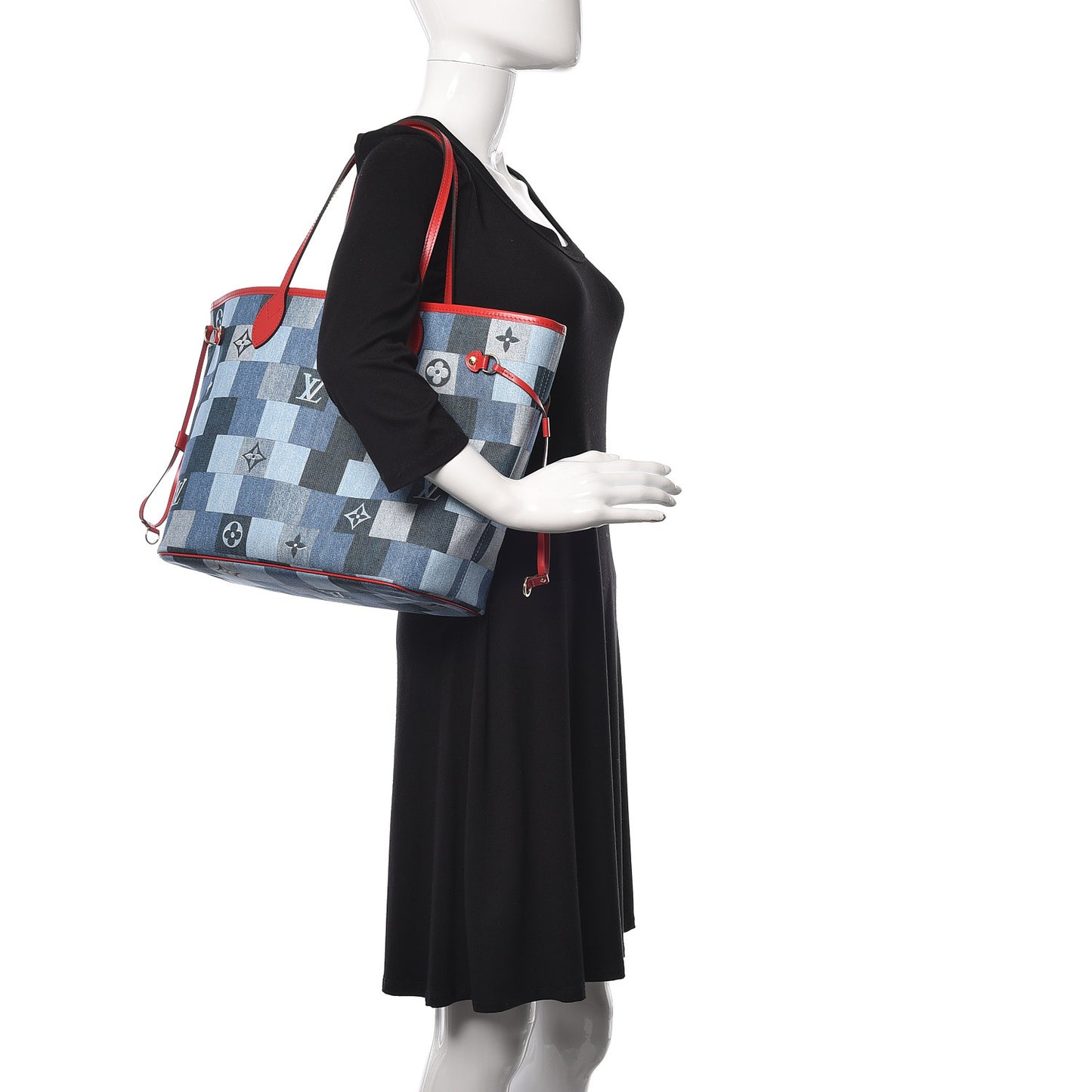 Denim Damier Monogram Patchwork Neverfull Blue Rouge