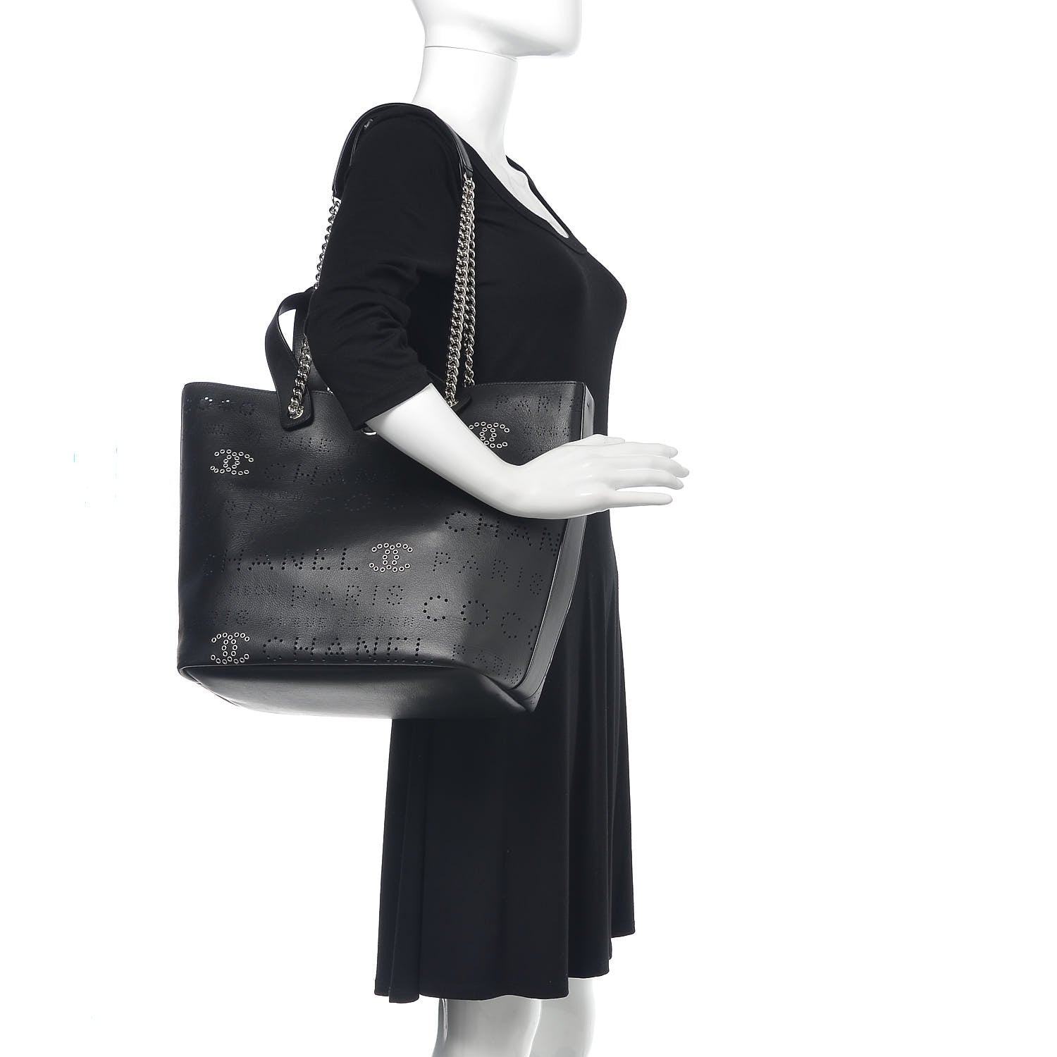 Chanel Calfskin Tweed Small Logo Eyelets Shopping Tote Black 3 of 12