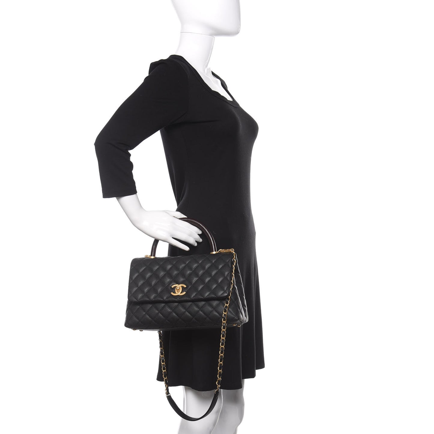 Caviar Lizard Embossed Quilted Small Coco Handle Flap Black