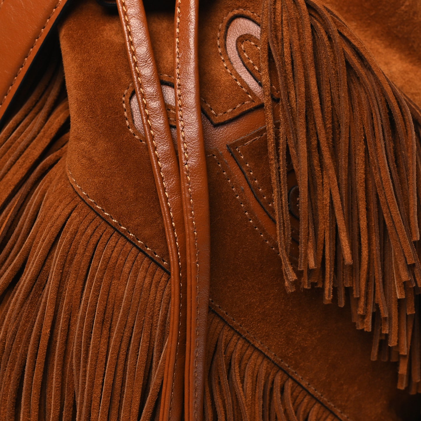 Suede Calfskin Fringe Marie Jane Bucket Brown