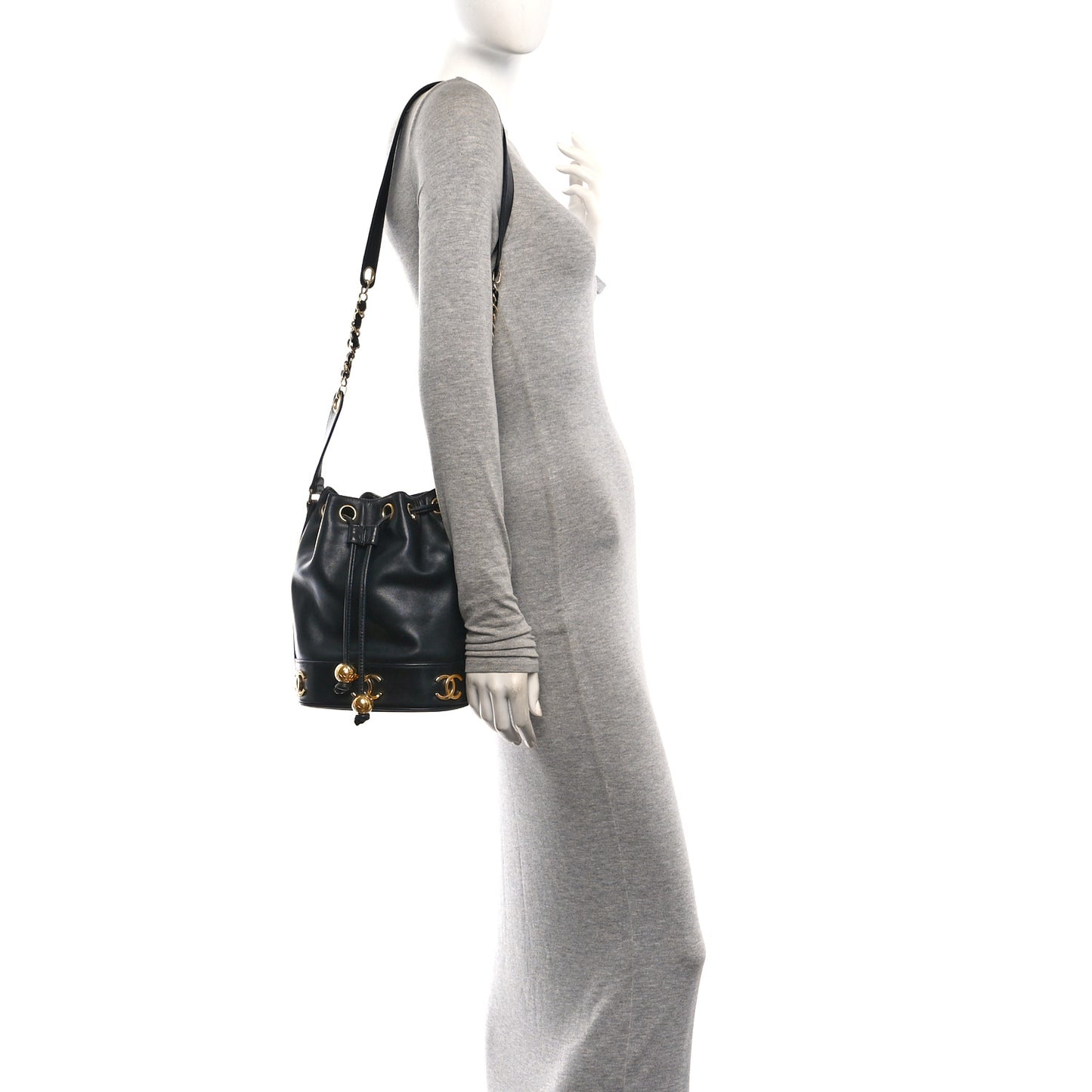 Lambskin CC Drawstring Shoulder Bag Black