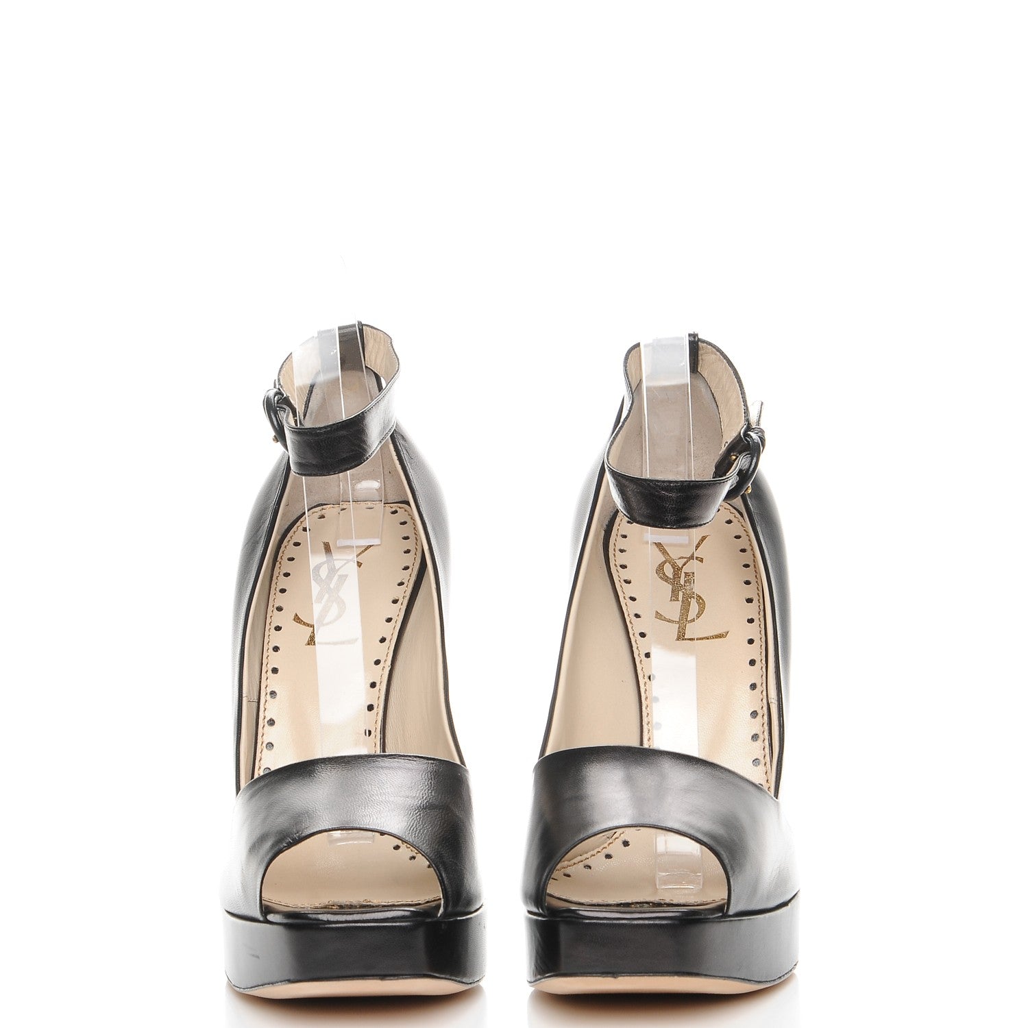 Saint Laurent Calfskin Emma 100 Ankle Strap Peep Toe Wedge 41 Black 2 of 9