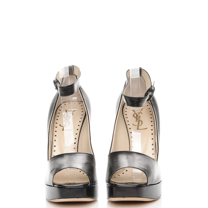 Saint Laurent Calfskin Emma 100 Ankle Strap Peep Toe Wedge 41 Black 2 of 9