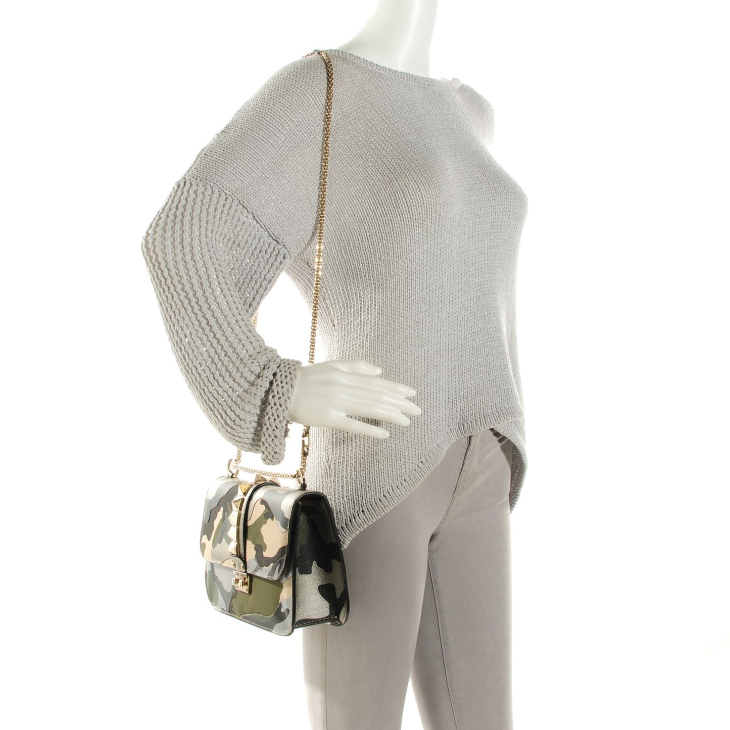 Nappa Canvas Camouflage Medium Glam Lock Rockstud Flap Green