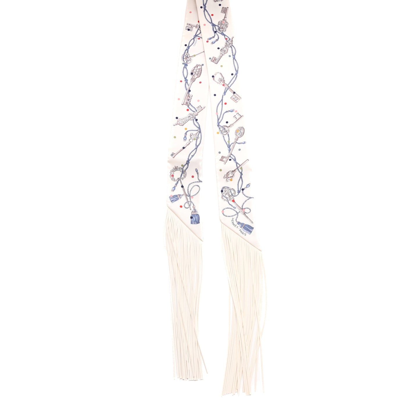 Silk Calfskin Les Cles A Pois Fringed Twilly Creme Gris Perle Multicolor
