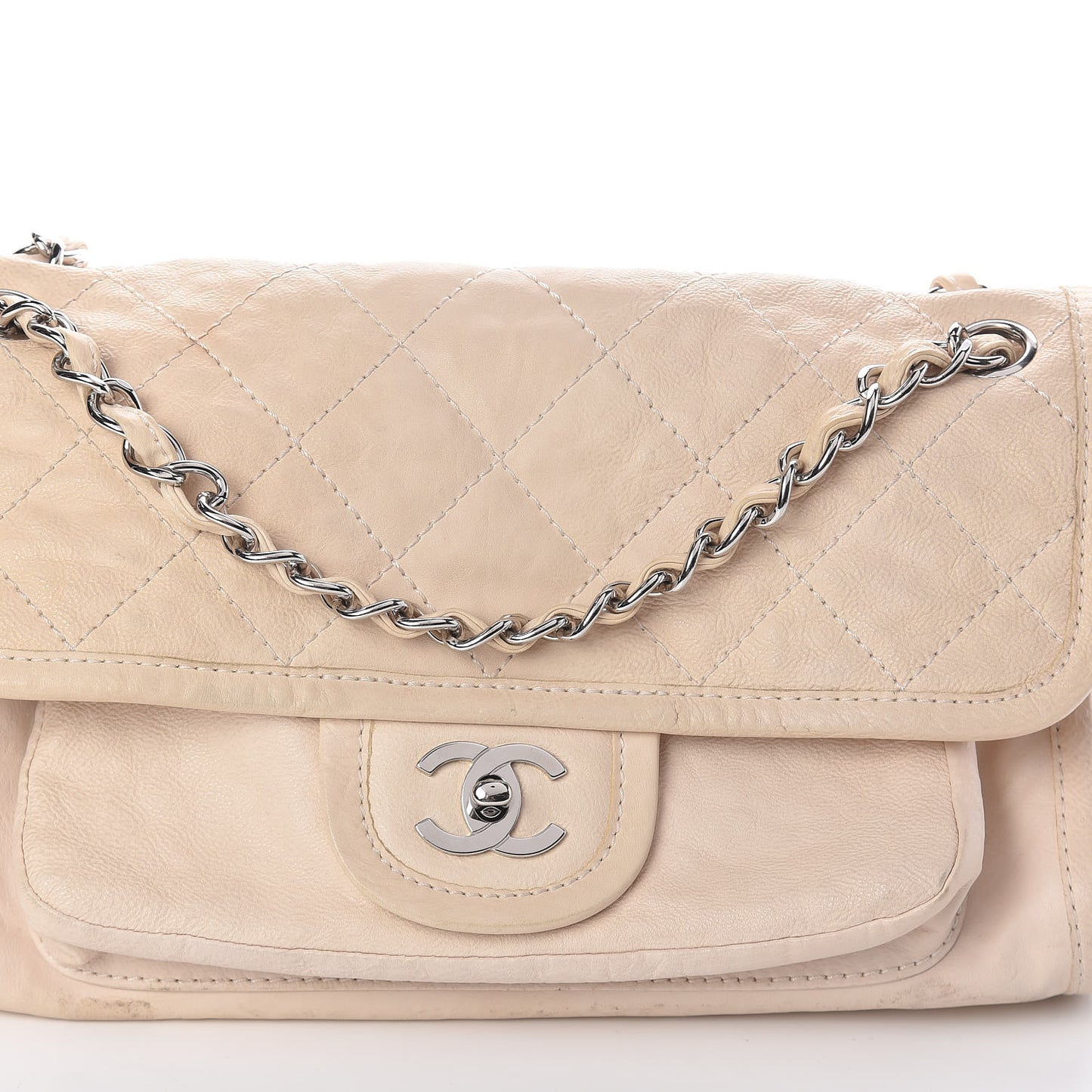 Calfskin Quilted Flap Shoulder Bag Light Beige