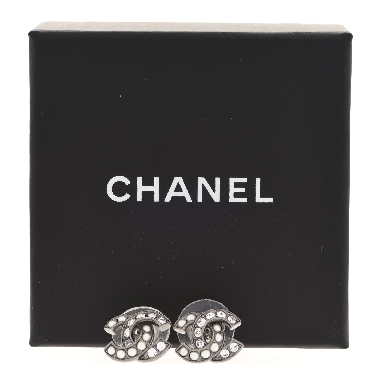 Chanel Pearl Crystal CC Earrings Ruthenium 5 of 5