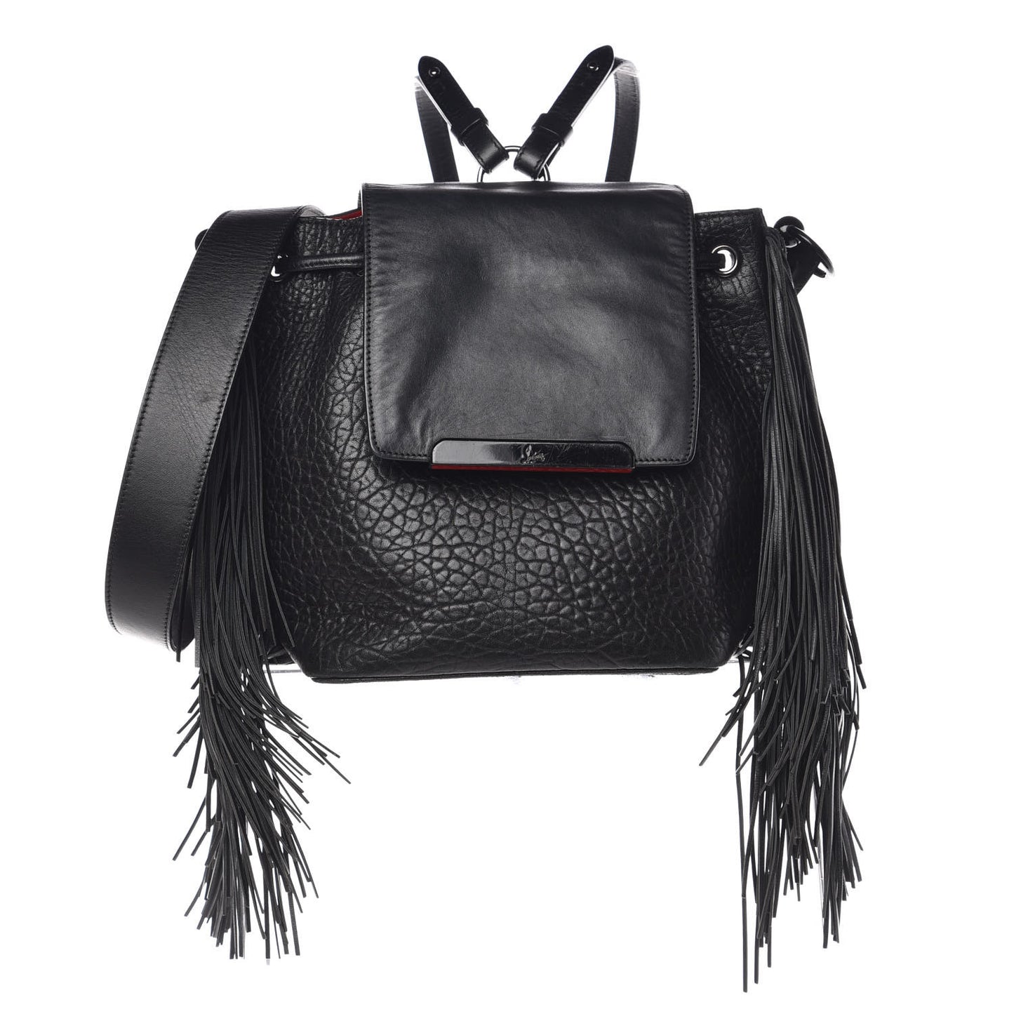 Pebbled Calfskin Fringe Lucky L Convertible Backpack Black