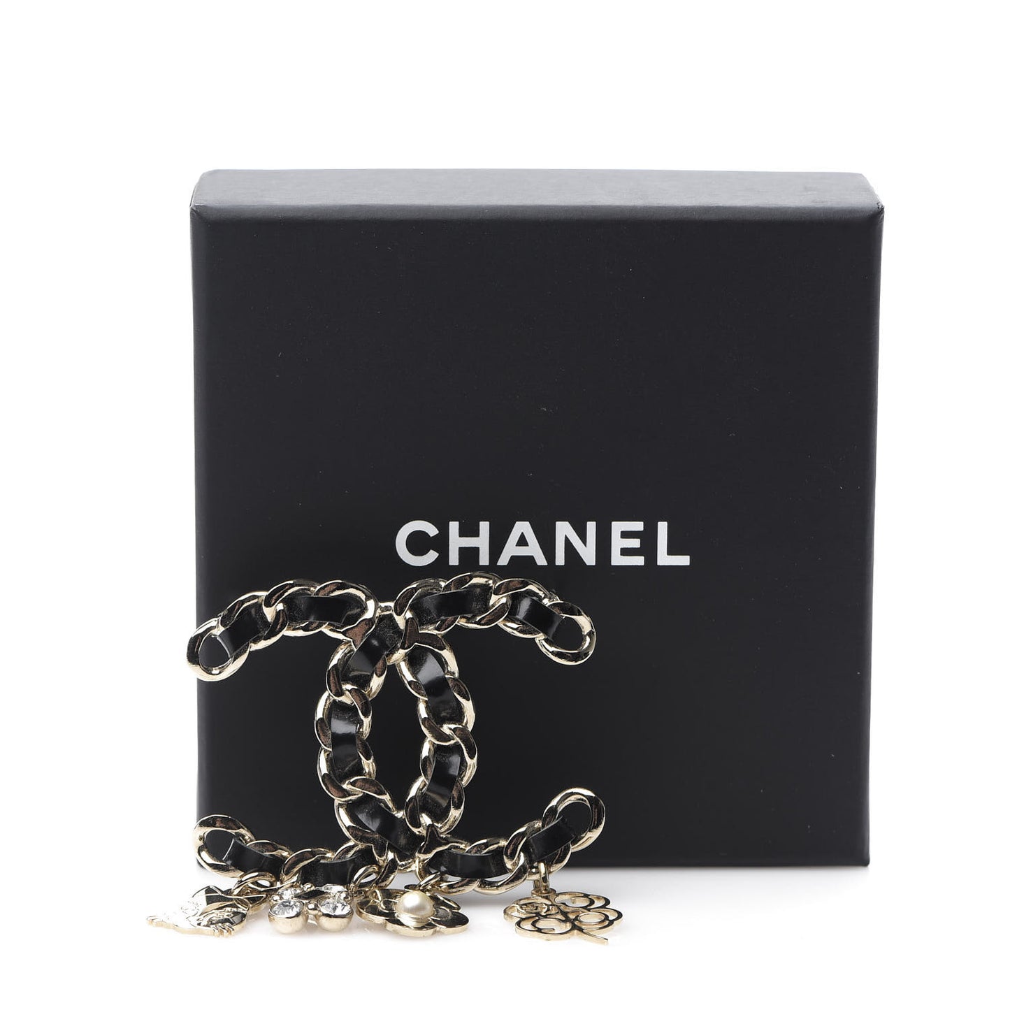 Lambskin Crystal Chain CC Charms Brooch Black Gold