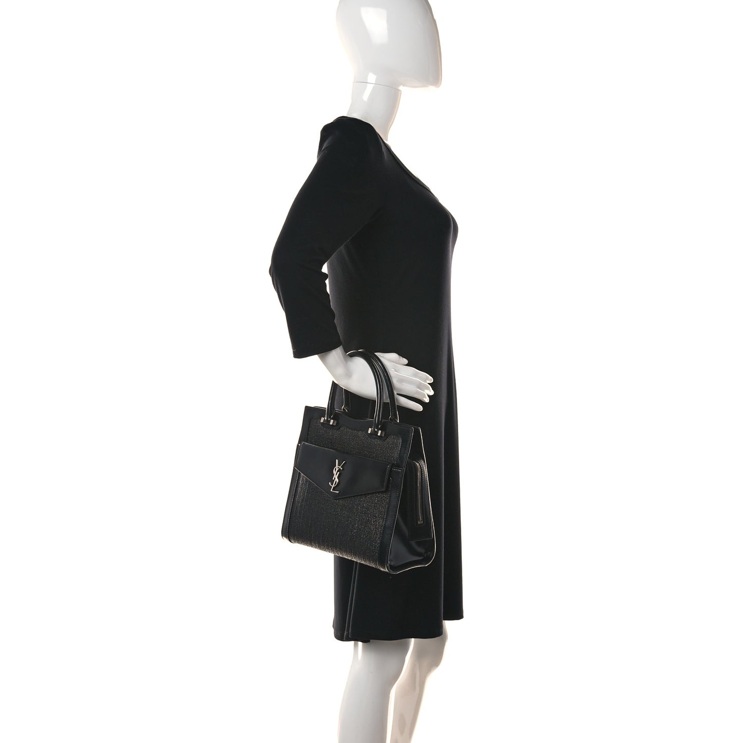 Raffia Shiny Calfskin Medium Uptown Tote Black