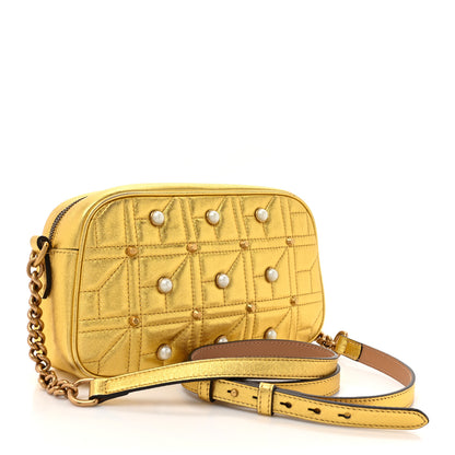 Gucci Metallic Calfskin Matelasse Studded Small Pearly GG Marmont Chain Shoulder Bag Gold 3 of 11
