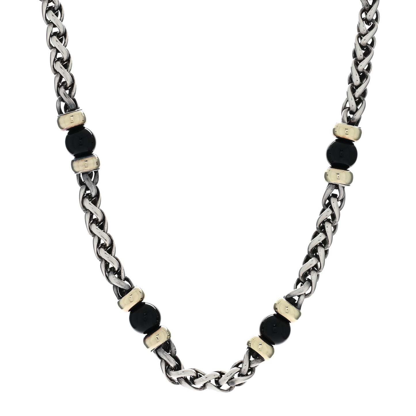 Sterling Silver 18K Yellow Gold Black Onyx Wheat Chain Necklace