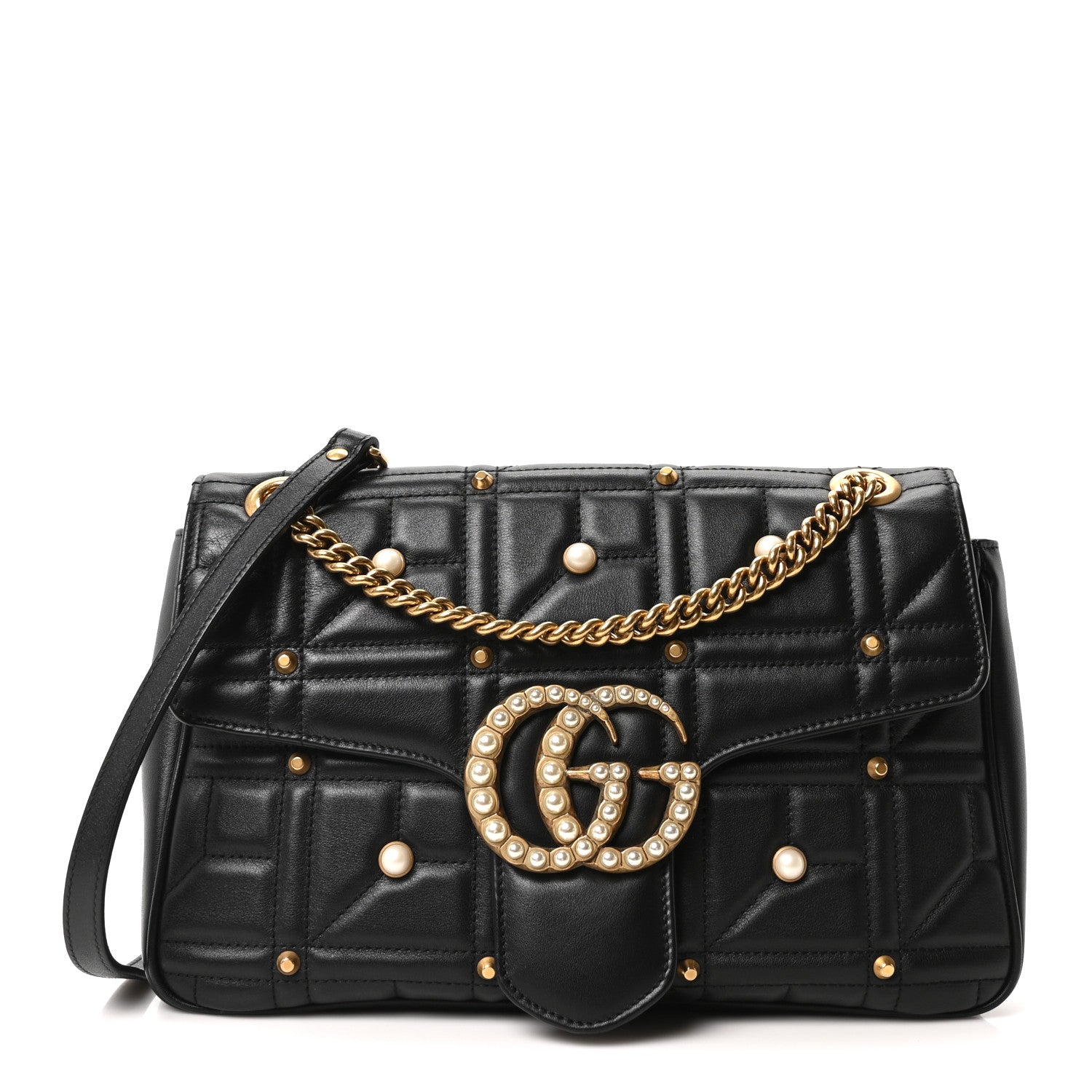 Gucci Calfskin Matelasse Studded Medium Pearly GG Marmont Shoulder Bag Black 1 of 10