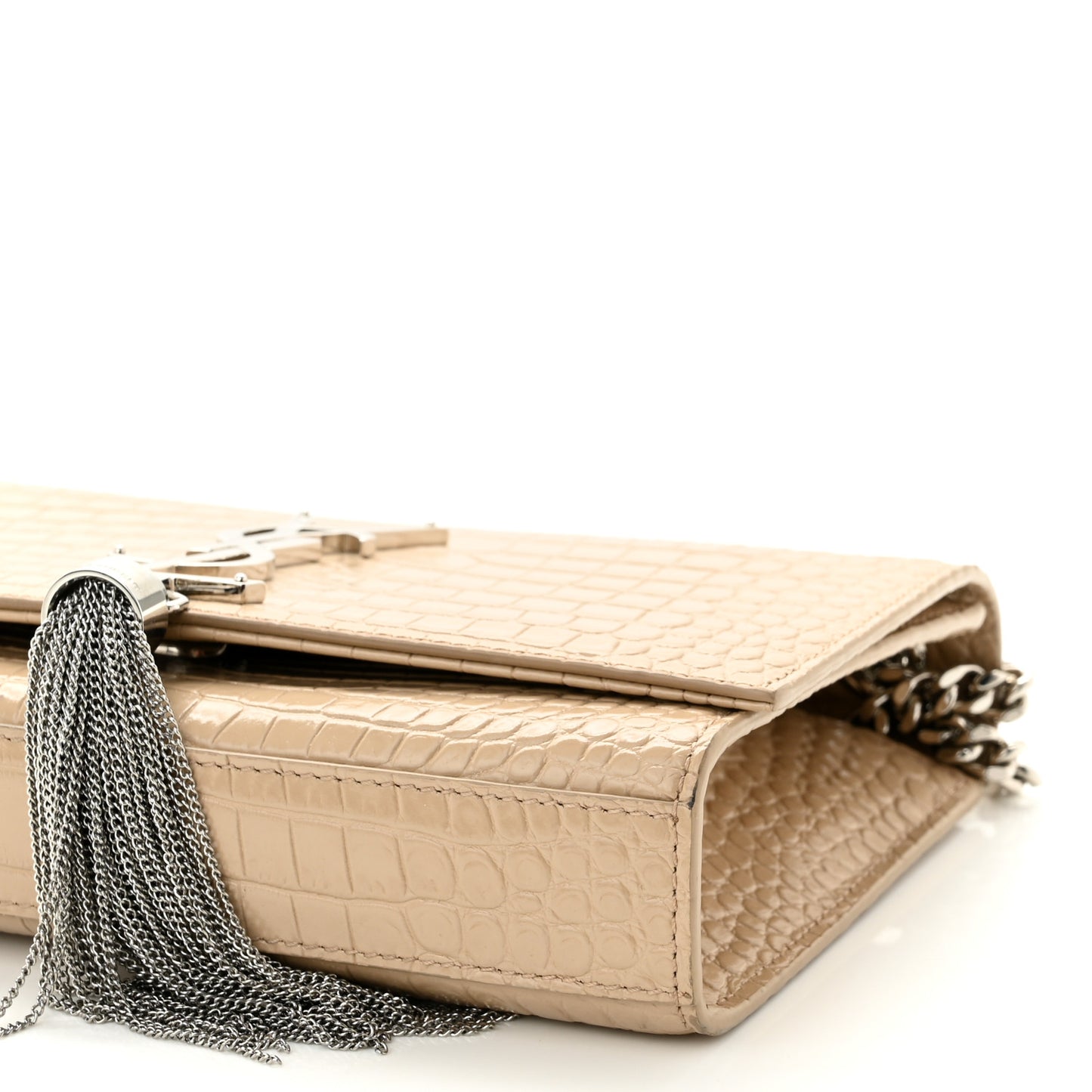 Calfskin Crocodile Embossed Small Classic Monogram Kate Tassel Satchel Nude Powder