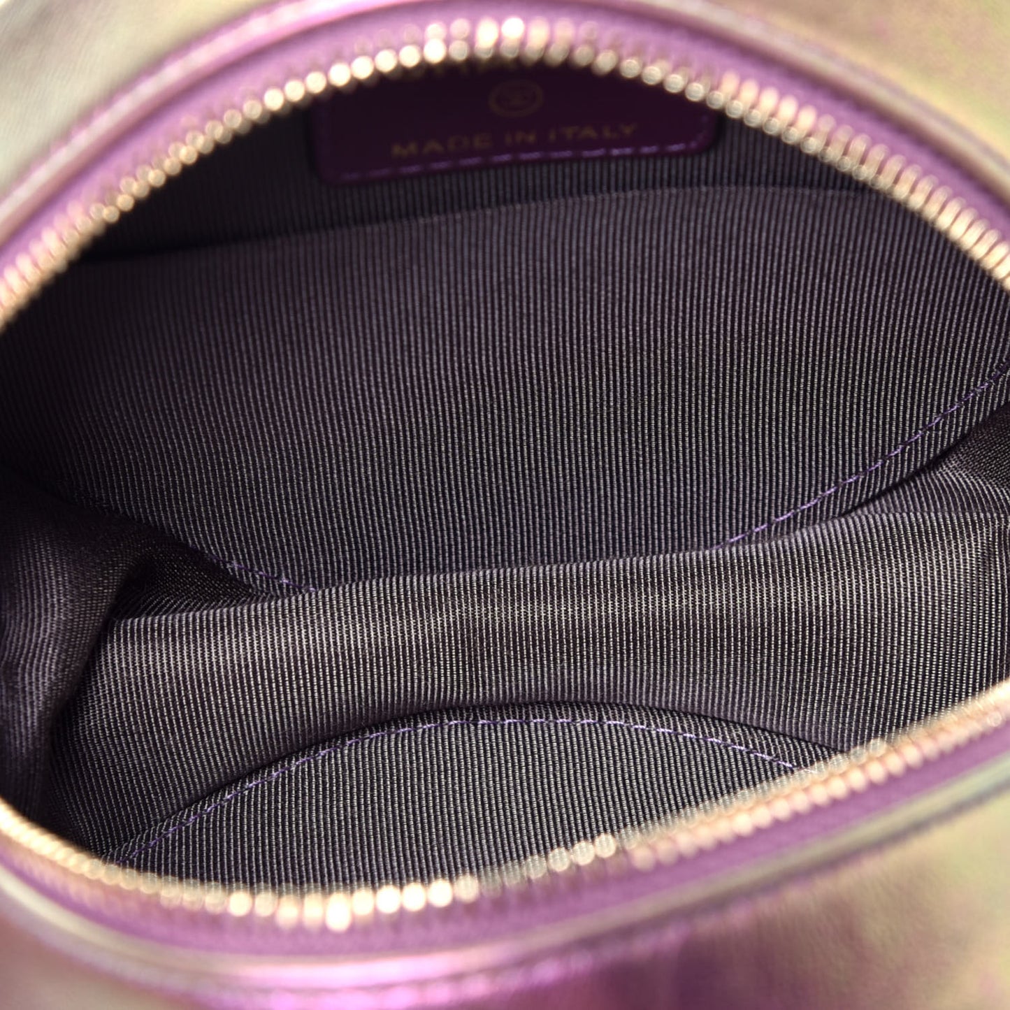 Iridescent Lambskin Quilted Round Clutch With Chain Purple