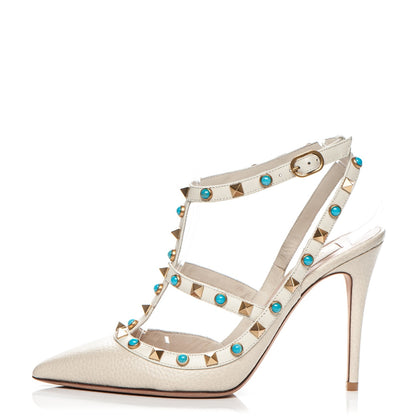 Valentino Garavani Pebbled Calfskin Turquoise Rockstud Rolling Ankle Strap 100mm Pumps 37.5 Ivory 1 of 7