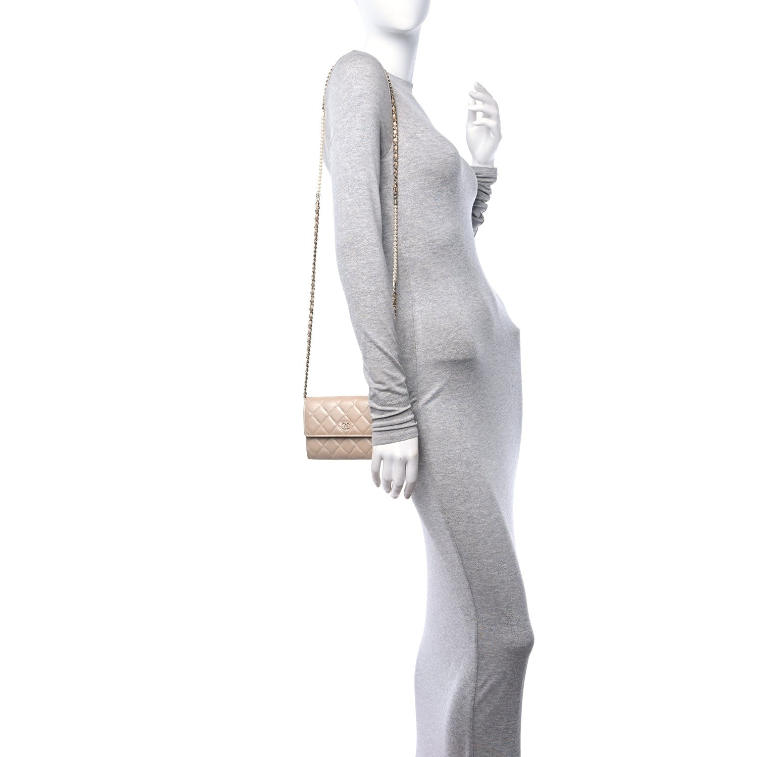 Chanel Lambskin Quilted Pearl My Shoulder Mini French Wallet On Chain WOC Light Beige 3 of 10