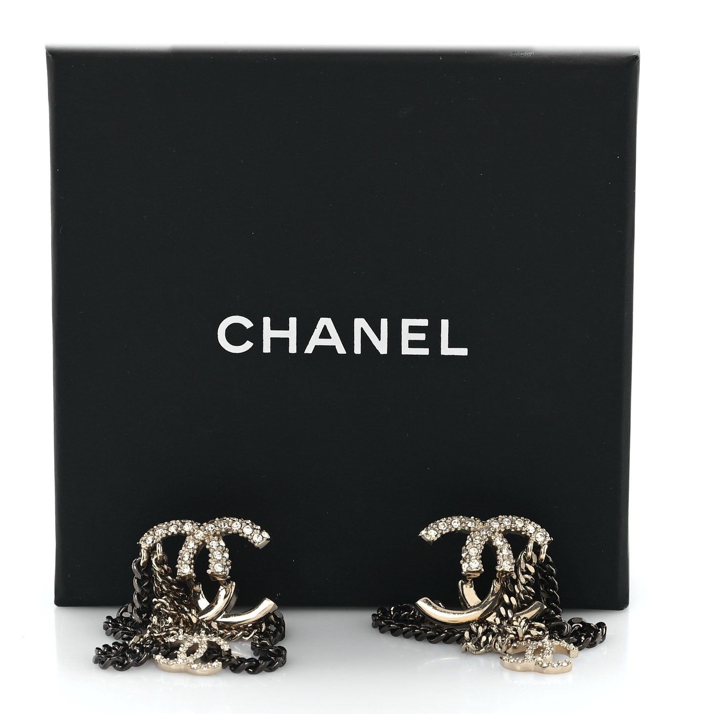 Crystal CC Drop Chain Earrings Gold Black