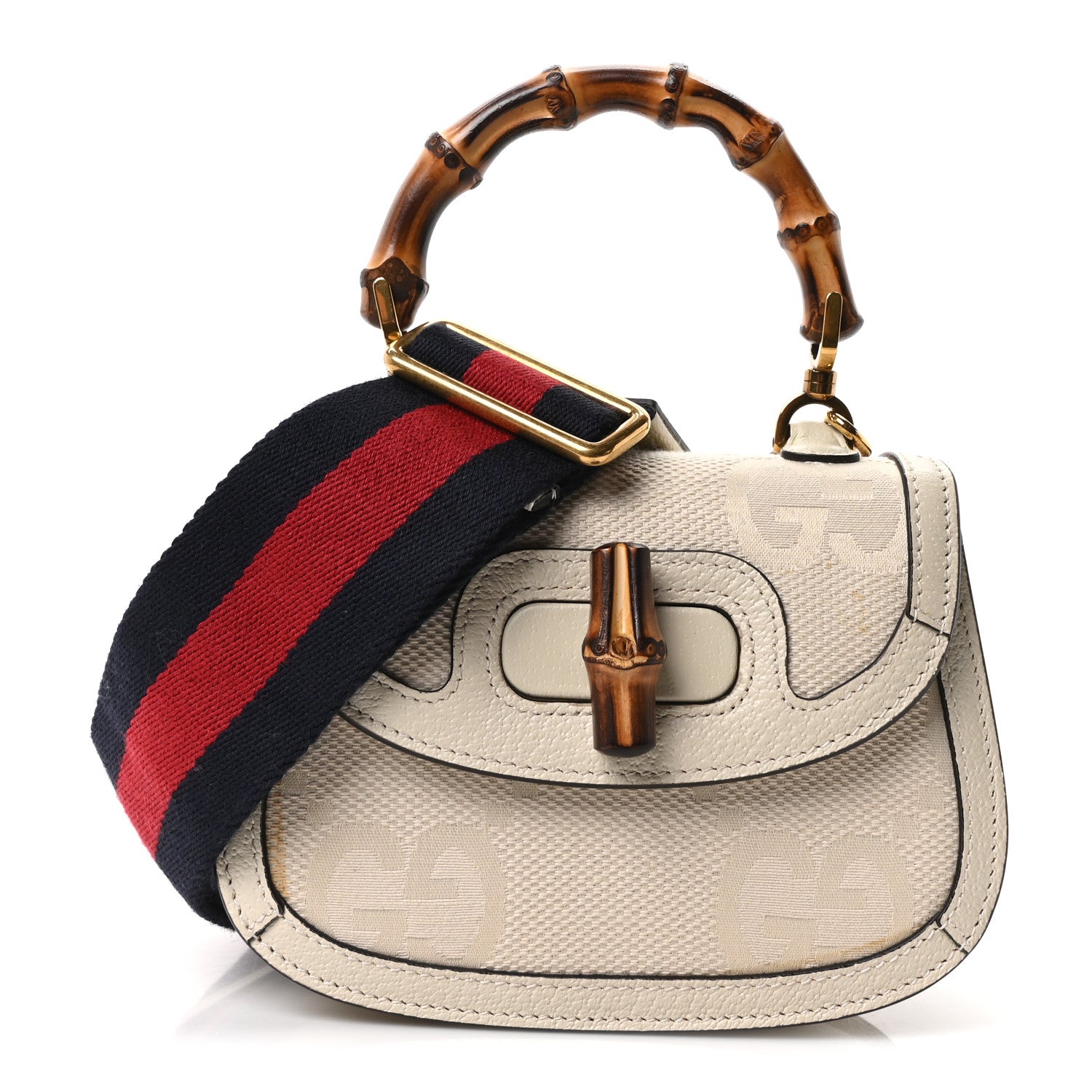 Gucci Monogram Jumbo GG Textured Dollar Calfskin Web Small Bamboo 1947 Top Handle Bag Off White 1 of 10