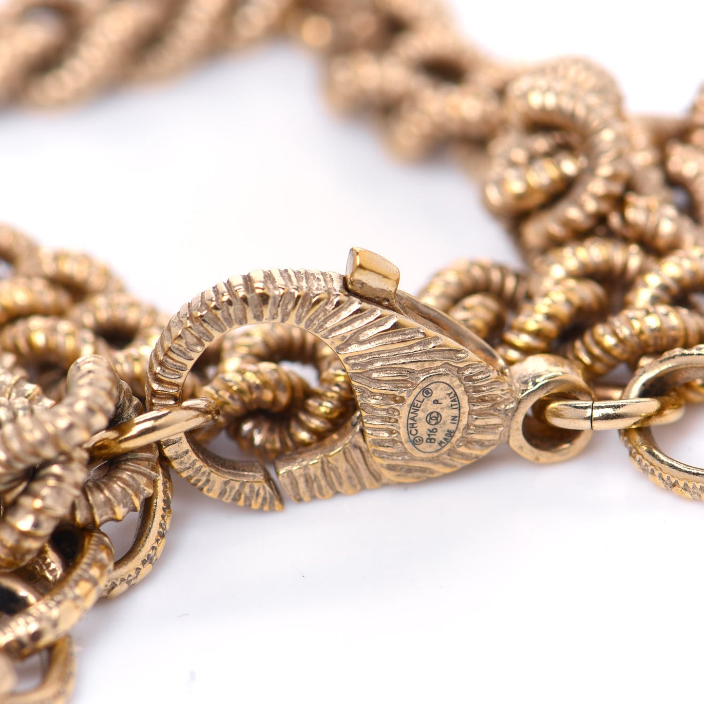 Quilted CC Long Chain Necklace Gold Pearly White