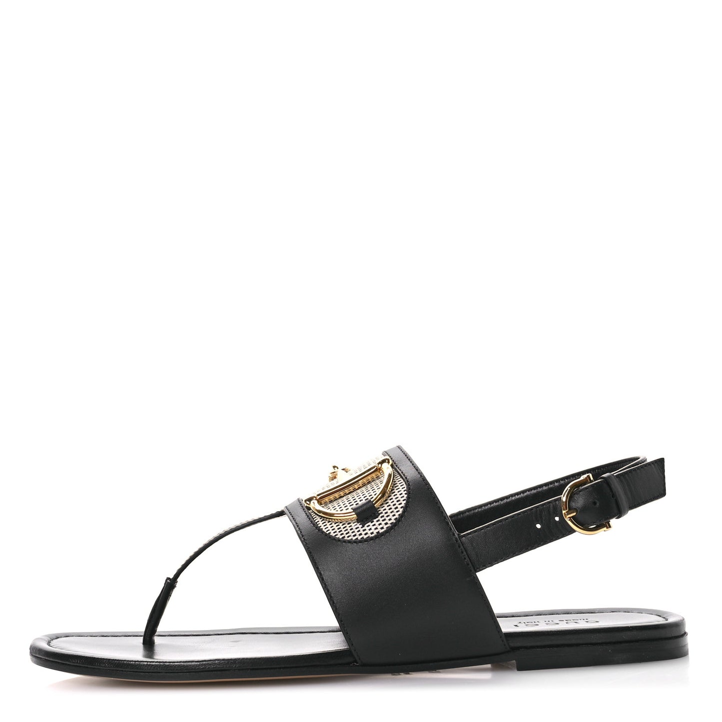 Calfskin Canvas Horsebit Thong Sandals 41 Black