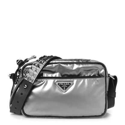 Prada Metallic Tessuto Nylon Metal Studded Shoulder Bag Ferro Black 1 of 7