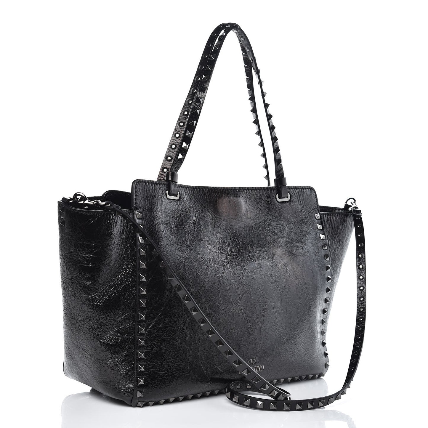 Craquele Calfskin Medium Rockstud Tote Black