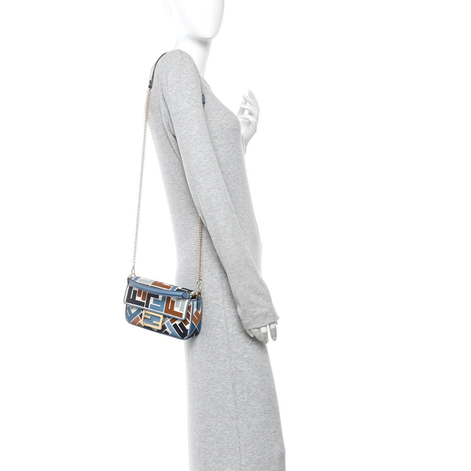 Fendi Canvas Vitello King Seta FF Embroidered Mini Baguette Blue Multicolor 2 of 11