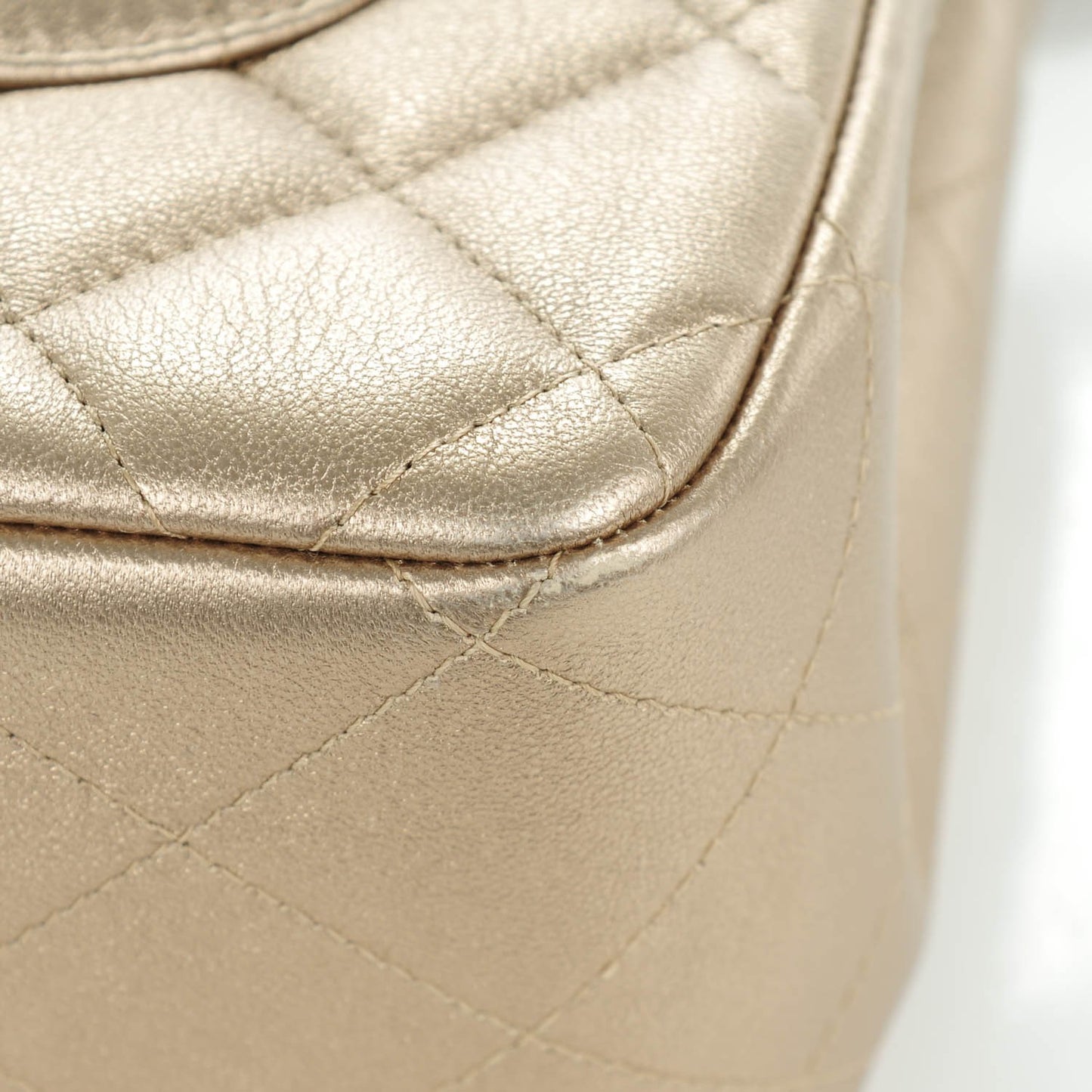 Metallic Lambskin Quilted Jumbo Double Flap Khaki