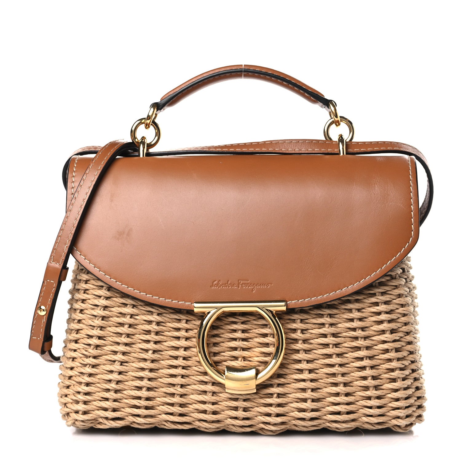 Salvatore Ferragamo Calfskin Wicker Margot Top Handle Satchel Brown 1 of 8