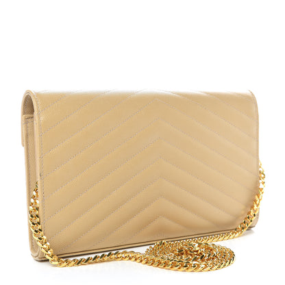 Saint Laurent Grain De Poudre Matelasse Chevron Monogram Chain Wallet Deep Beige 3 of 9