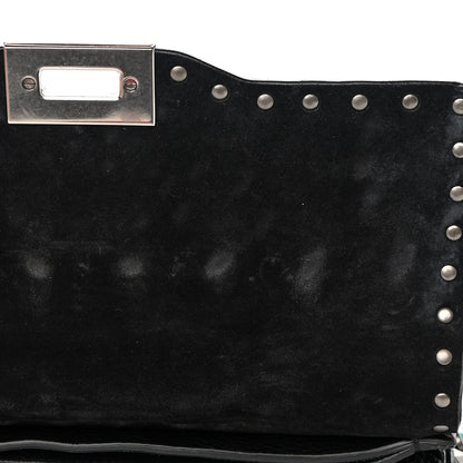 Valentino Garavani Calfskin Embroidered Medium Guitar Strap Rockstud Rolling Flap Saddle Bag Black 10 of 16