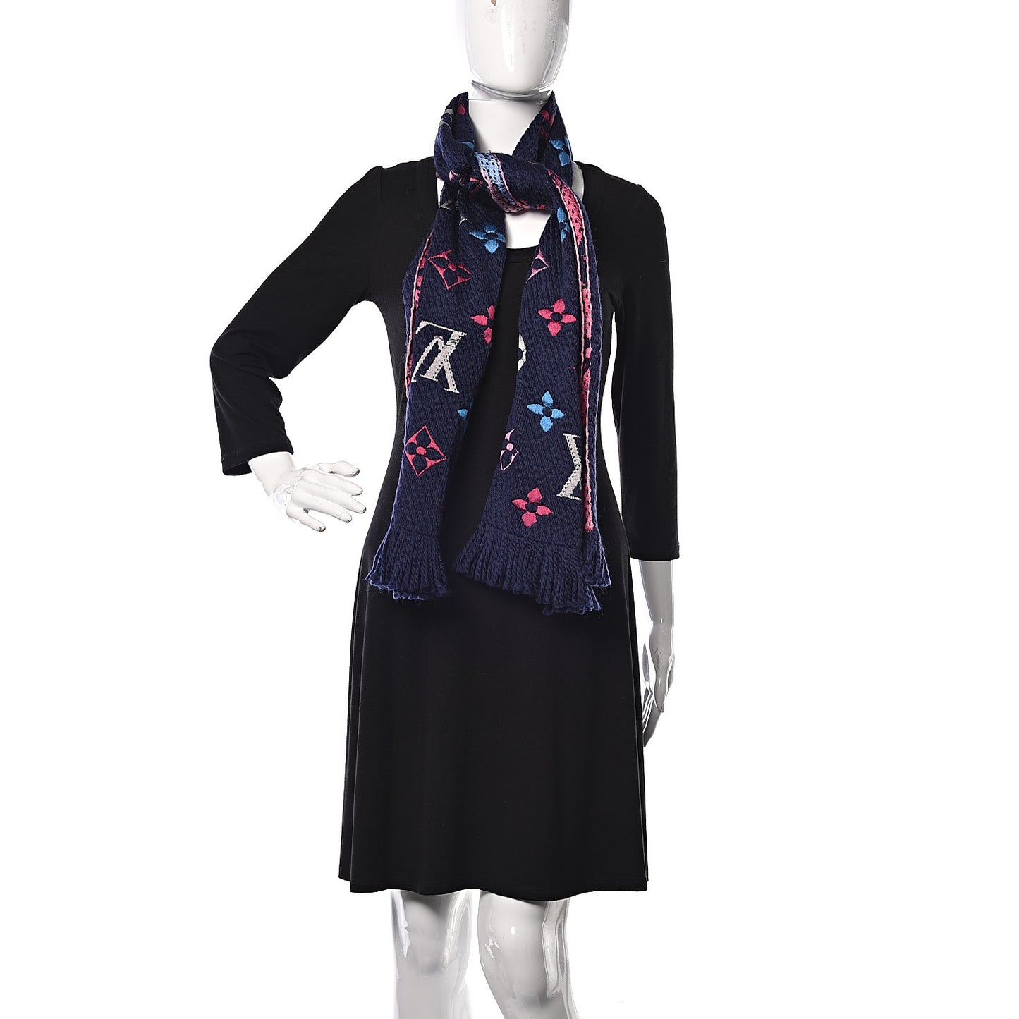 Wool Silk Rainbow Logomania Scarf Navy