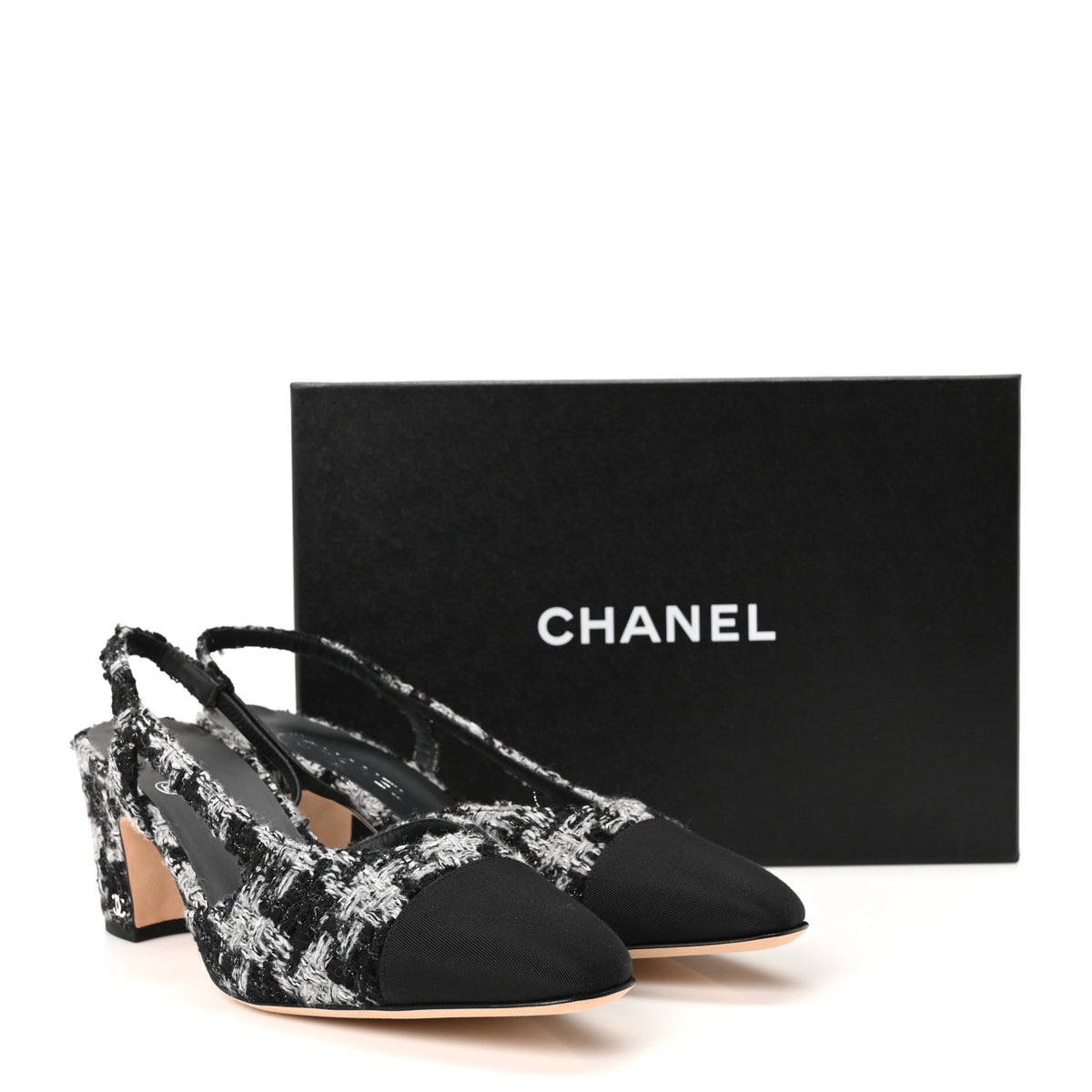 Tweed Grosgrain Cap Toe CC Slingback Pumps 41.5 Black Grey