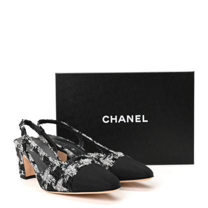 Chanel Tweed Grosgrain Cap Toe CC Slingback Pumps 41.5 Black Grey 10 of 10