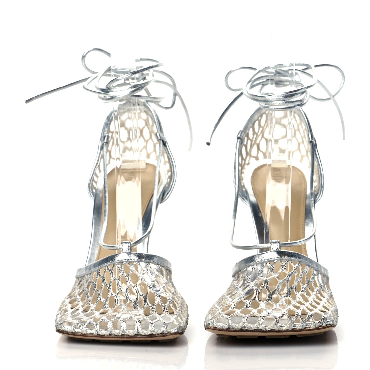Bottega Veneta Mesh Metallic Nappa Stretch Ankle Tie Sandals 35 Silver 2 of 9