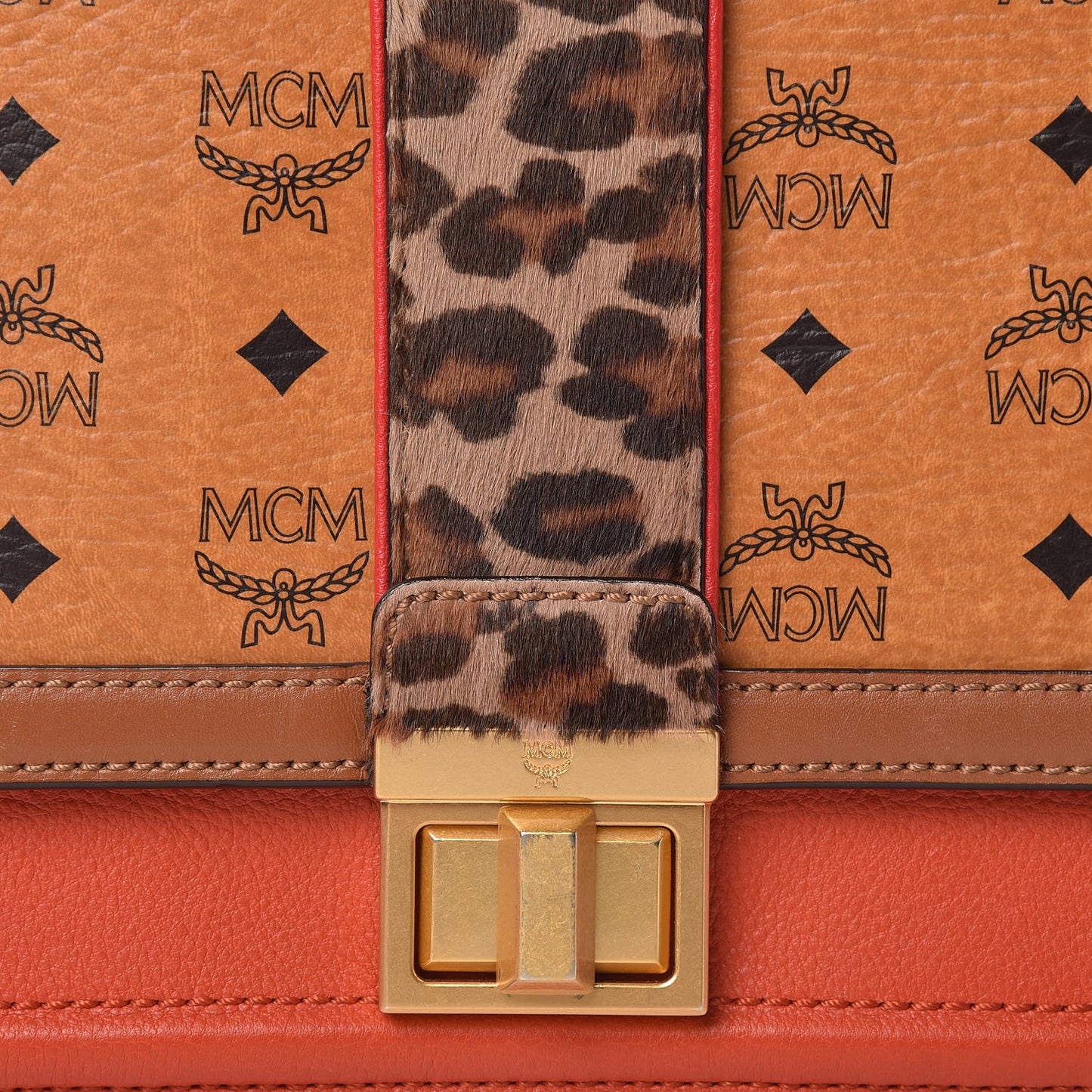 Calf Hair Leopard Print Calfskin Visetos Satchel Cognac Orange