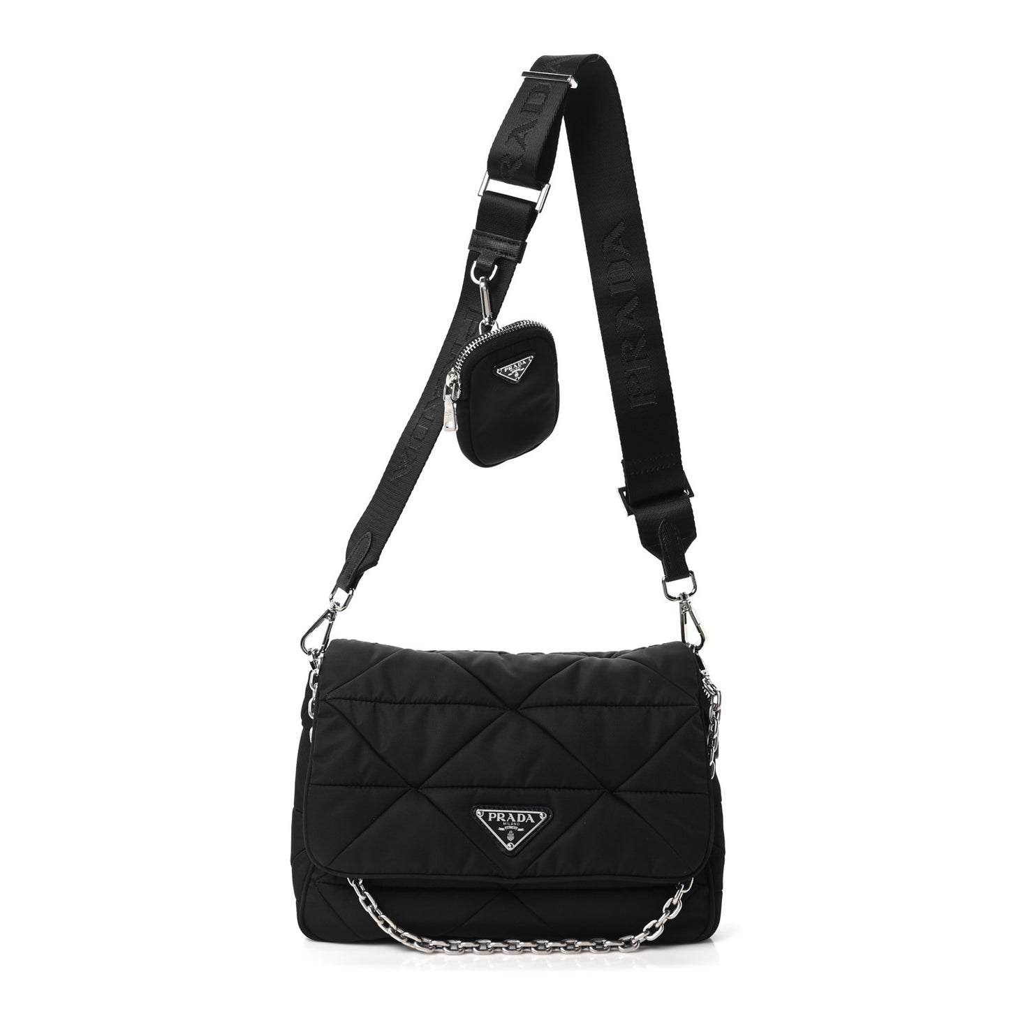 Re-Nylon Quilted Padded Flap Shoulder Bag Black