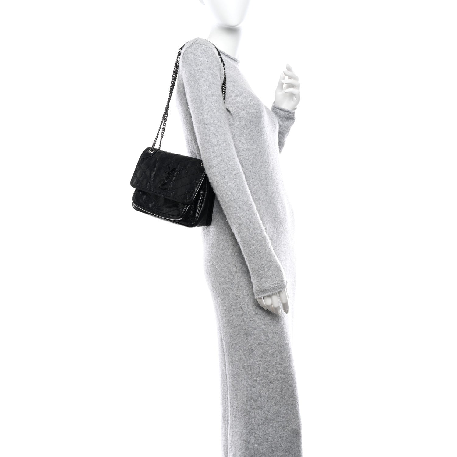 Saint Laurent Crinkled Calfskin Matelasse Monogram Baby Niki Chain Satchel Black 3 of 11