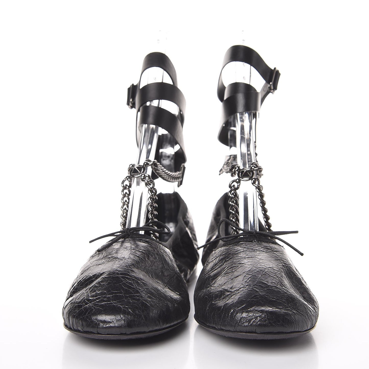 Crackled Calfskin Rockstud Chain Ankle Ballerina Flats 39 Black