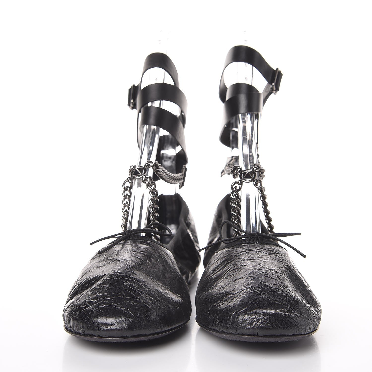 Valentino Garavani Crackled Calfskin Rockstud Chain Ankle Ballerina Flats 39 Black 2 of 14