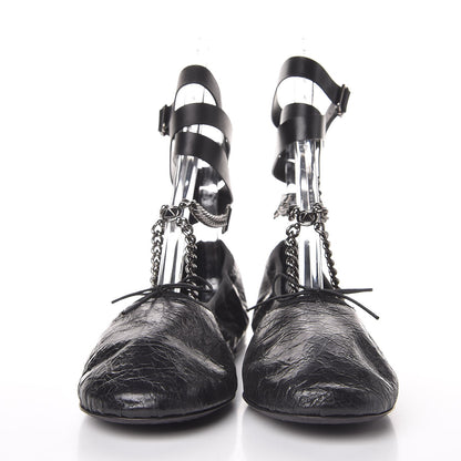 Valentino Garavani Crackled Calfskin Rockstud Chain Ankle Ballerina Flats 39 Black 2 of 14
