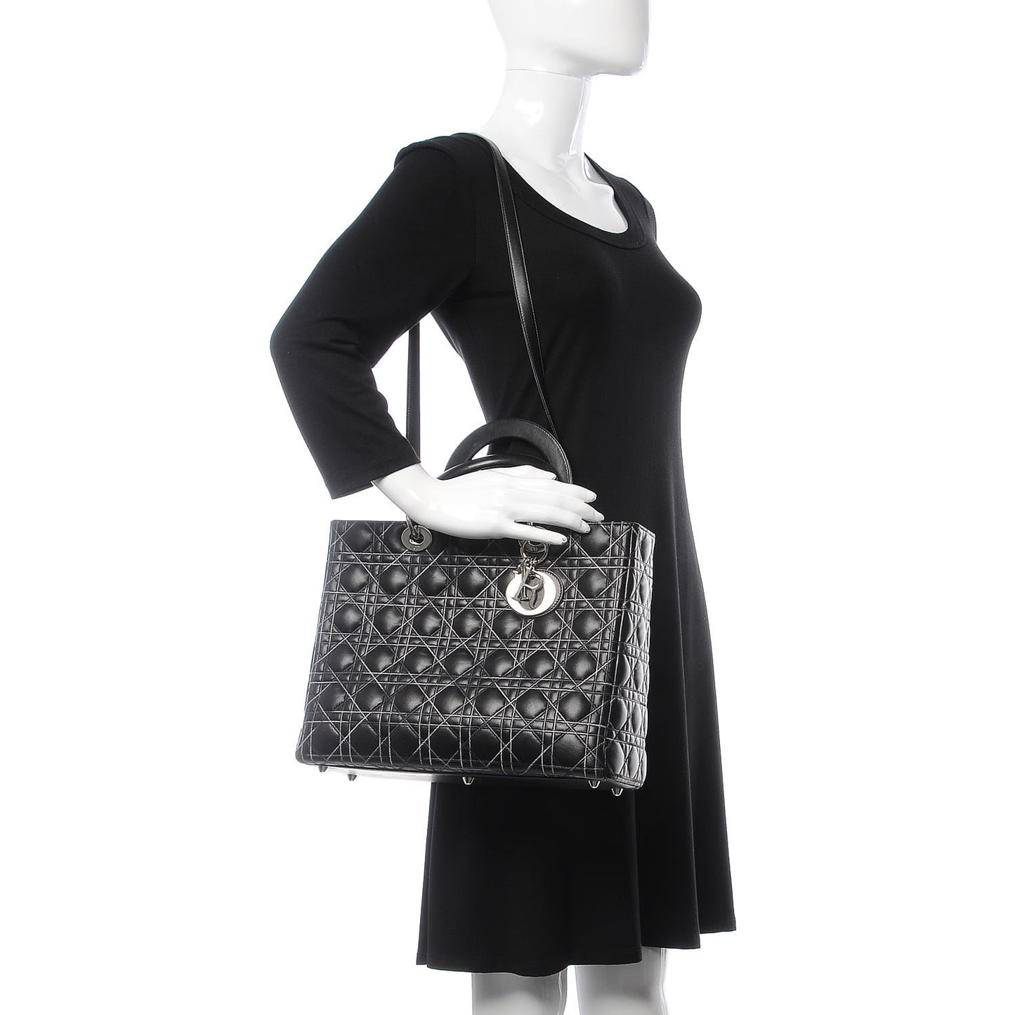 Lambskin Stitched Large Lady Dior Black