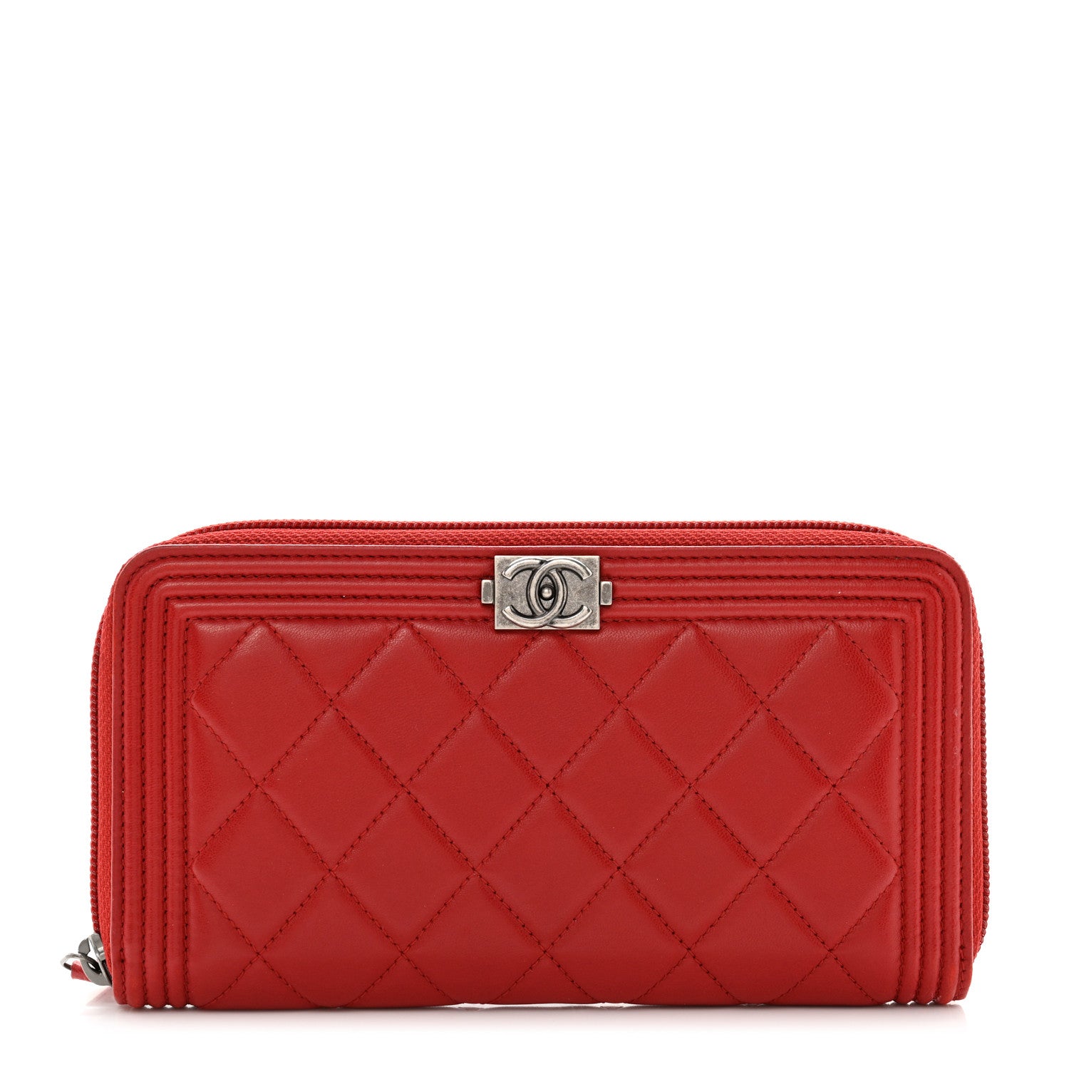 Chanel Lambskin Quilted Boy Zip Around Wallet Red 1 of 9