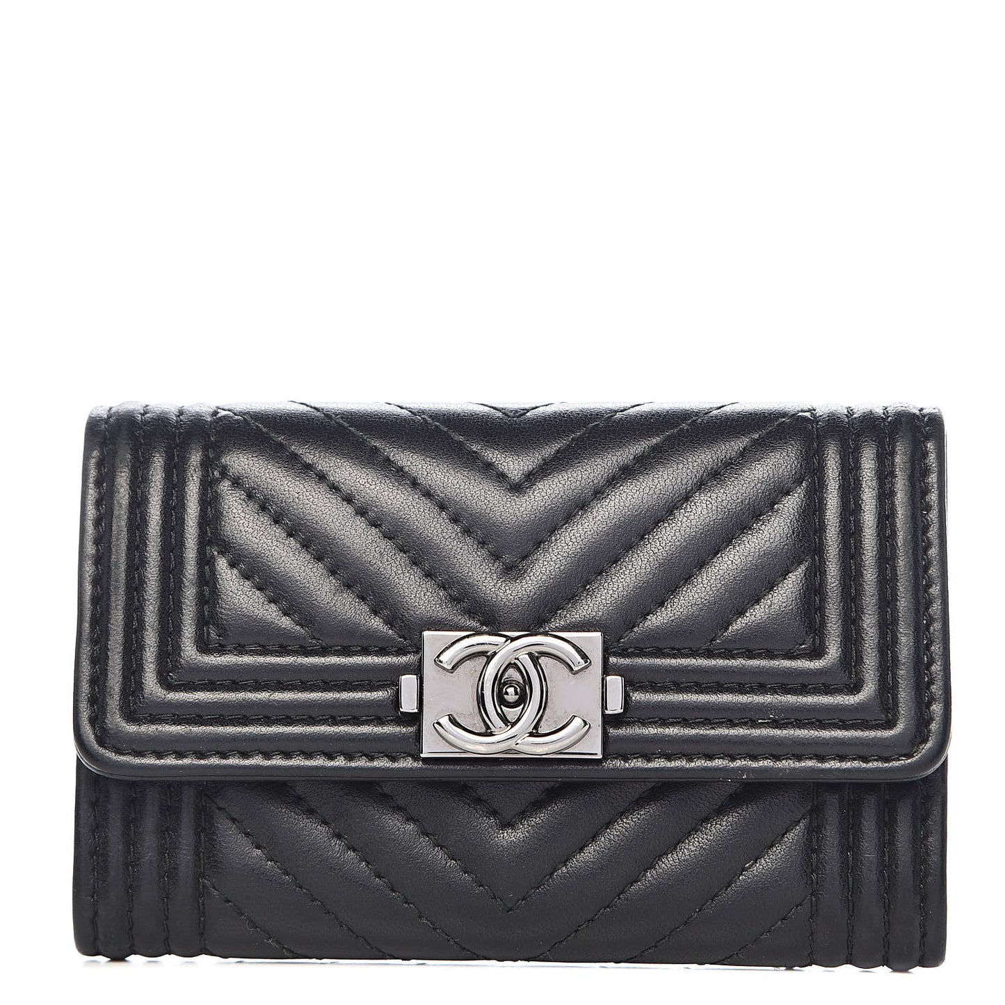 Lambskin Chevron Quilted Boy Card Holder Wallet Black