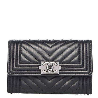 Chanel Lambskin Chevron Quilted Boy Card Holder Wallet Black 1 of 11